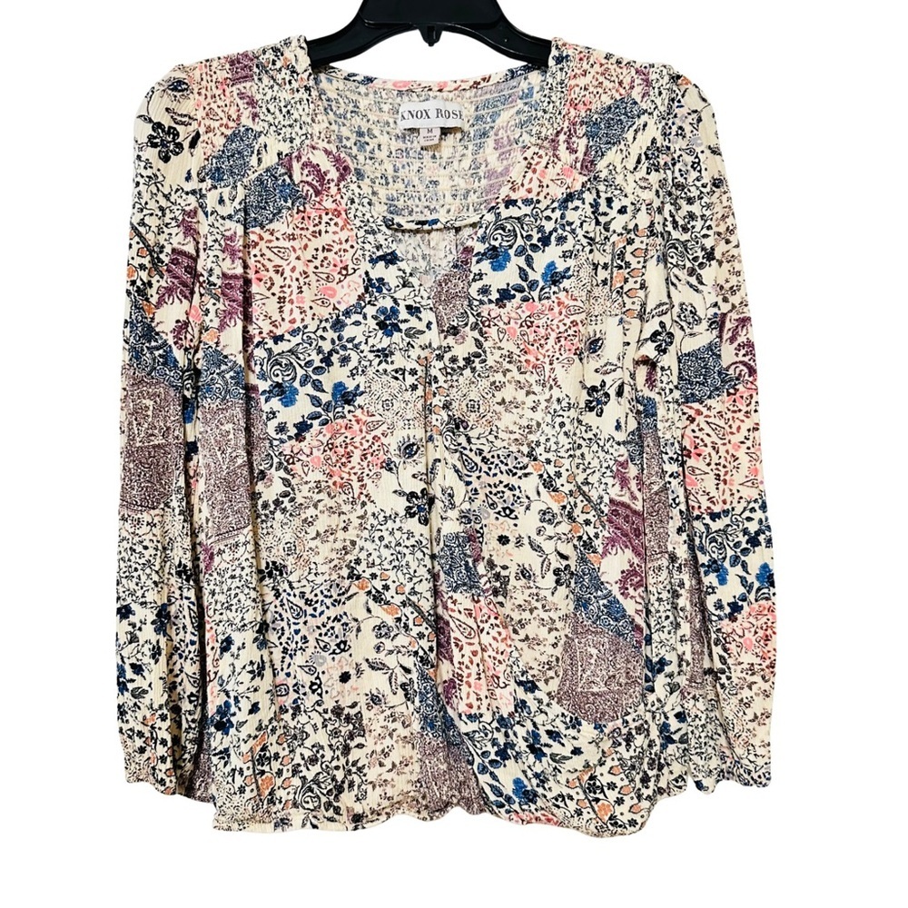 Knox Rose Patchwork Floral Boho Long Sleeve Relaxed Fit Blouse – Size M